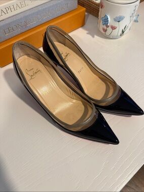 Christian Louboutin Black Patent Pointed-Toe Pumps with Clear Trim